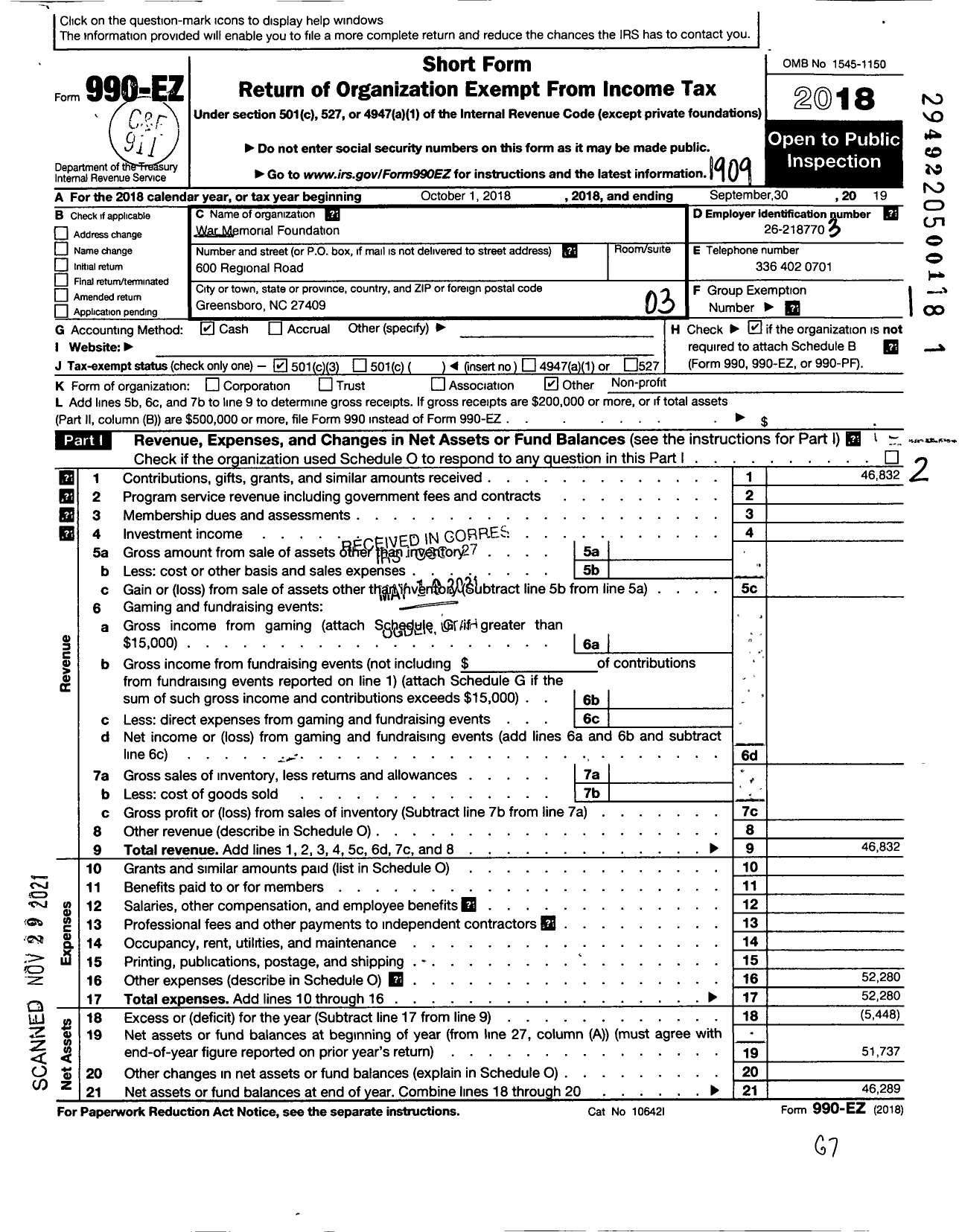 Image of first page of 2018 Form 990EZ for War Memorial Foundation