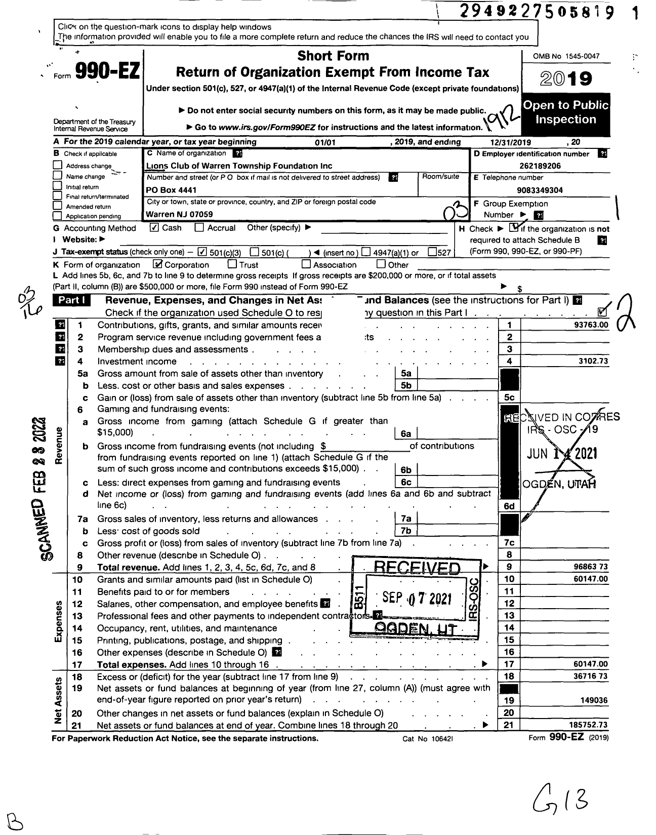 Image of first page of 2019 Form 990EZ for Lions Club of Warren Township Foundation