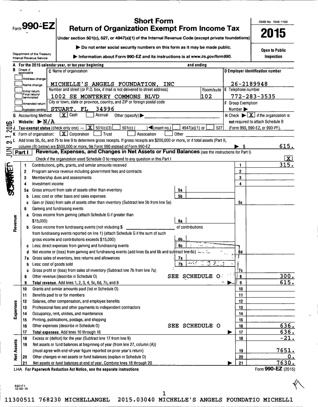 Image of first page of 2015 Form 990EZ for Michelle's Angels Foundation