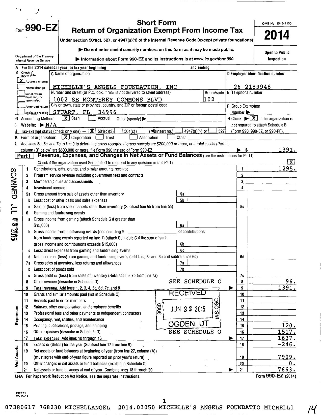 Image of first page of 2014 Form 990EZ for Michelle's Angels Foundation