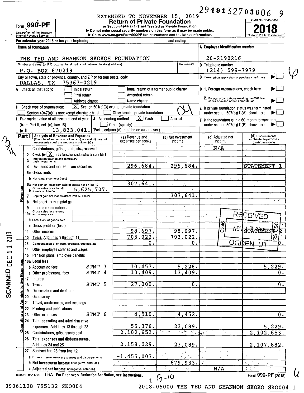 Image of first page of 2018 Form 990PF for The Ted and Shannon Skokos Foundation