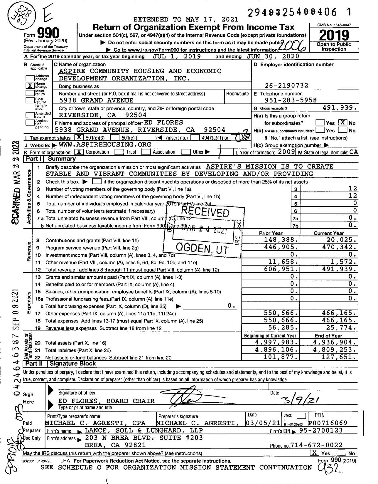 Image of first page of 2019 Form 990 for Aspire Community Housing and Economic Development Organization