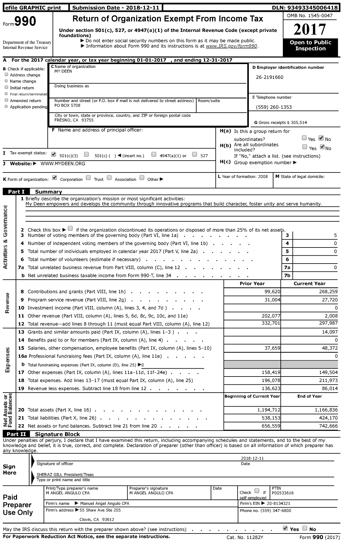 Image of first page of 2017 Form 990 for My Deen