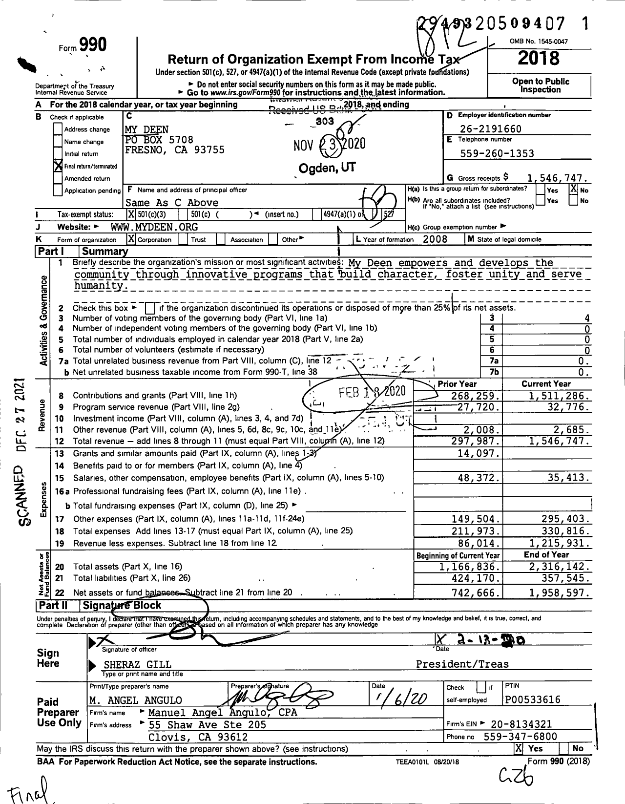 Image of first page of 2018 Form 990 for My Deen