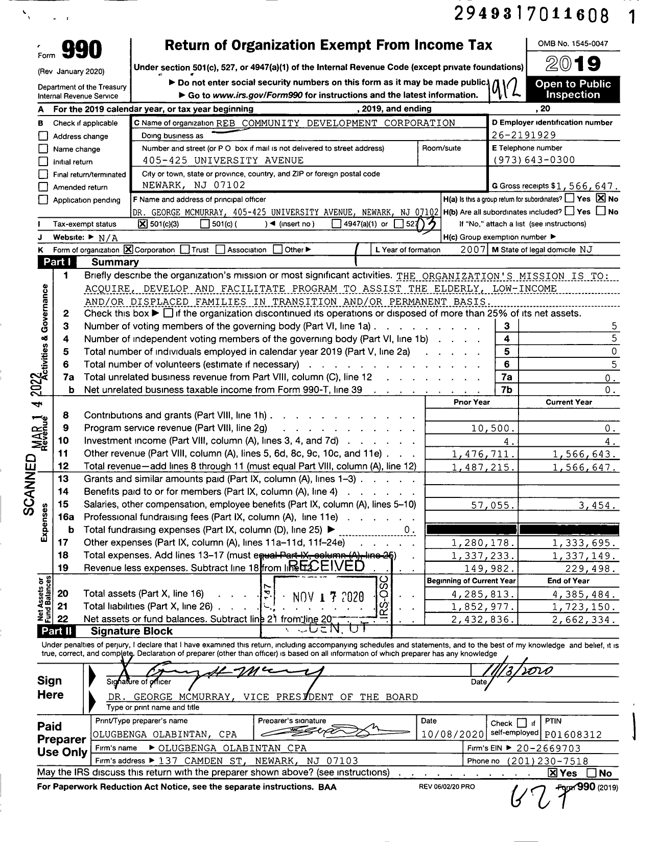 Image of first page of 2019 Form 990 for Reb Community Development Corporation