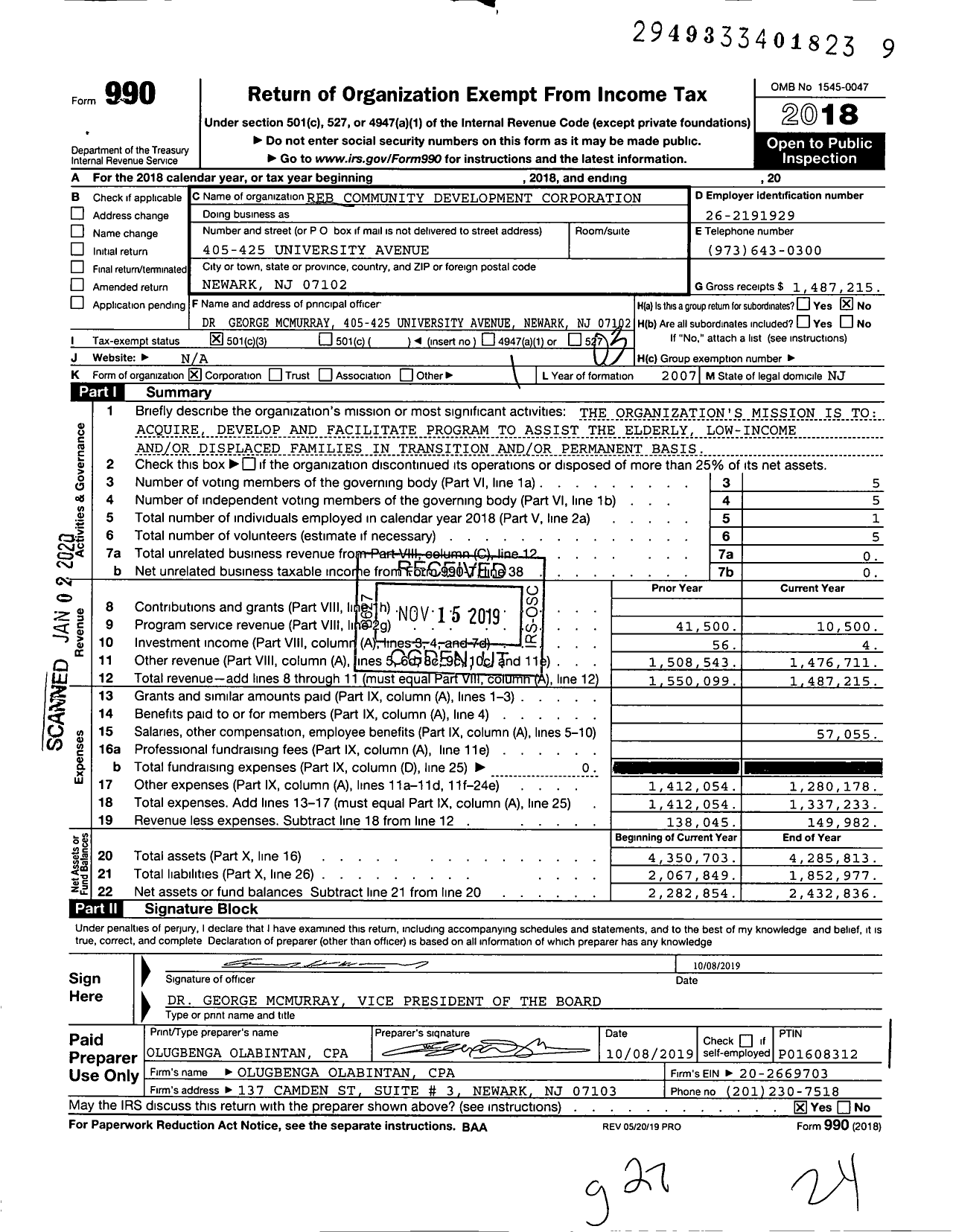 Image of first page of 2018 Form 990 for Reb Community Development Corporation