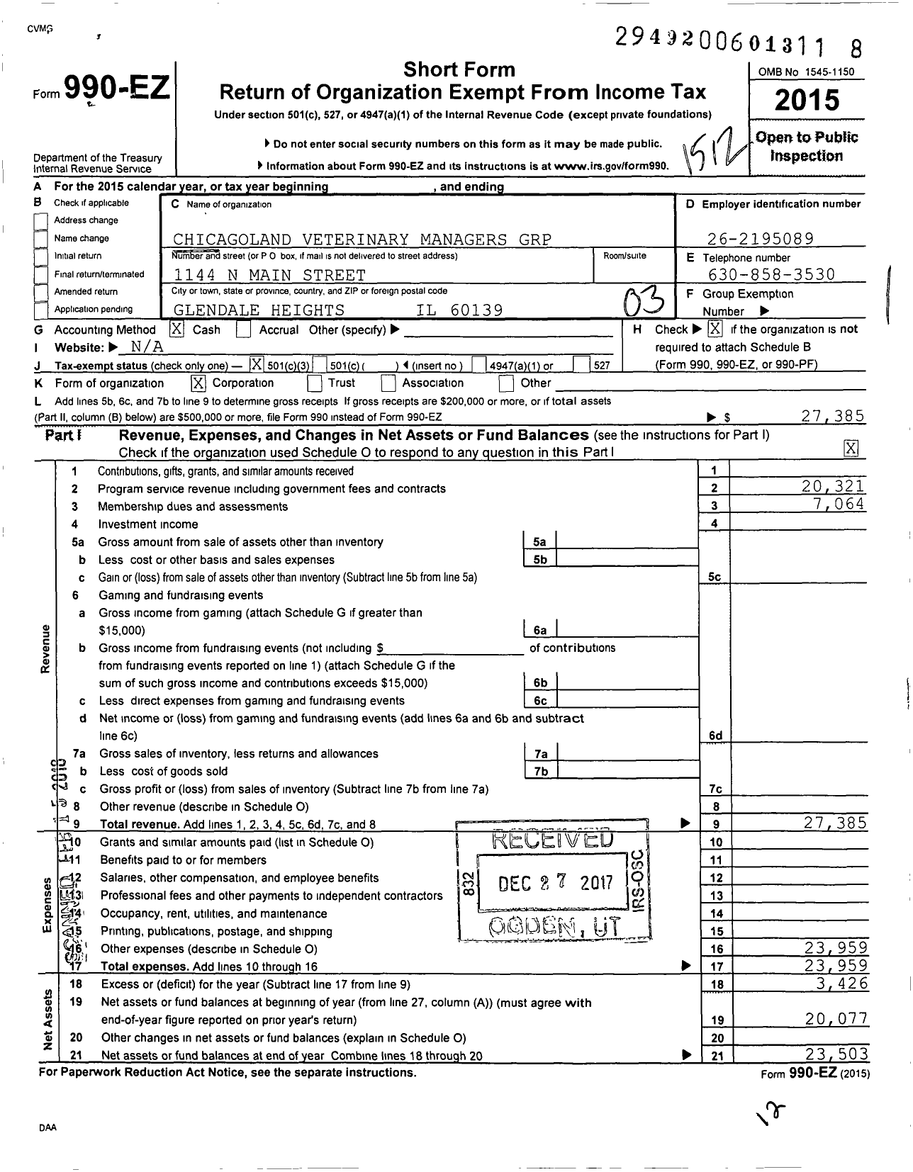 Image of first page of 2015 Form 990EZ for Chicagoland Veterinary Managers Group