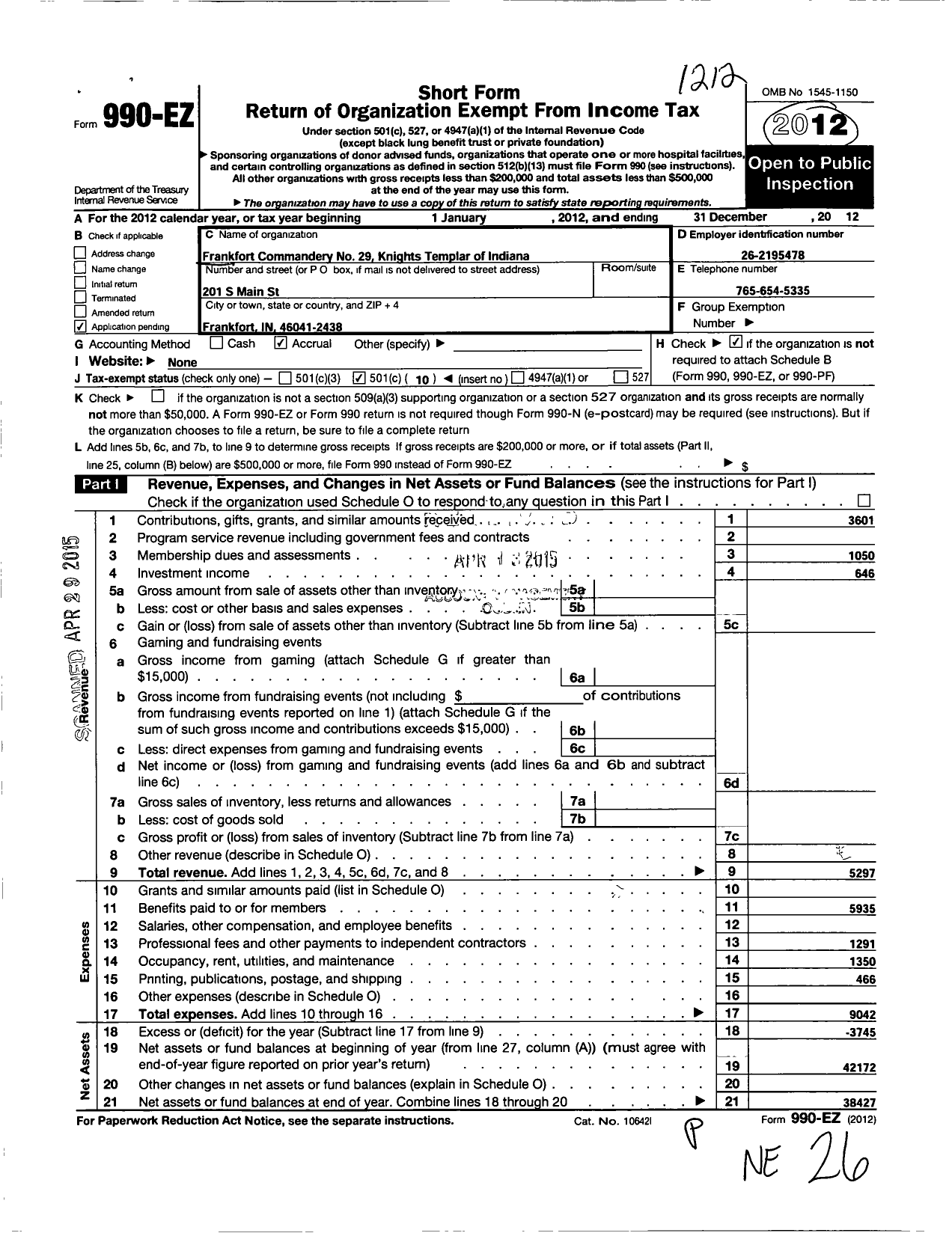 Image of first page of 2012 Form 990EO for 29 Frankfort