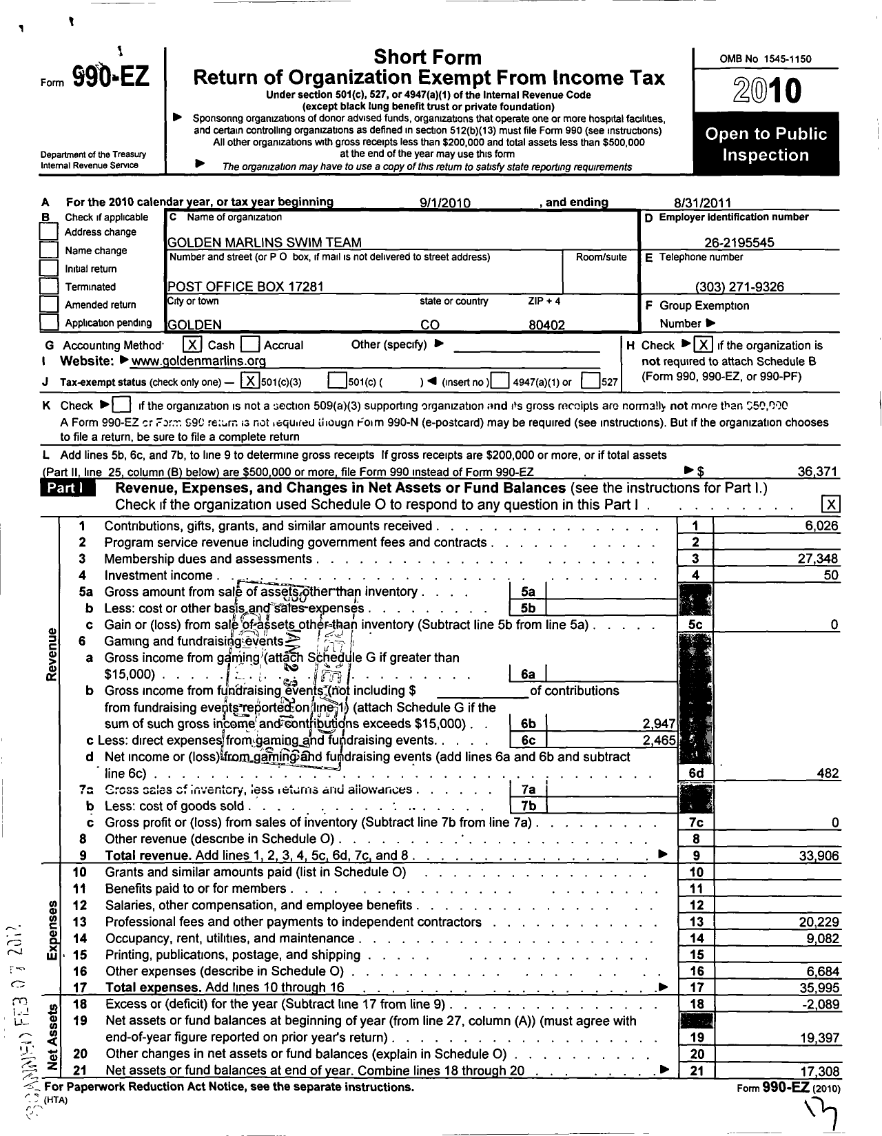 Image of first page of 2010 Form 990EZ for Golden Marlins Swim Team