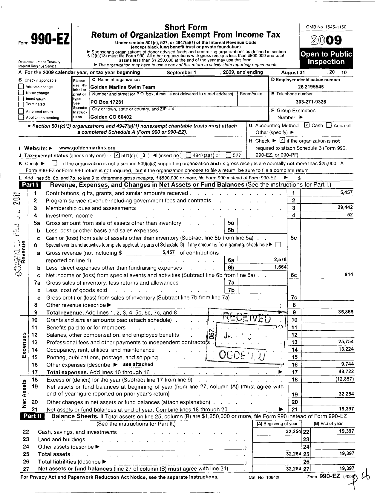 Image of first page of 2009 Form 990EZ for Golden Marlins Swim Team