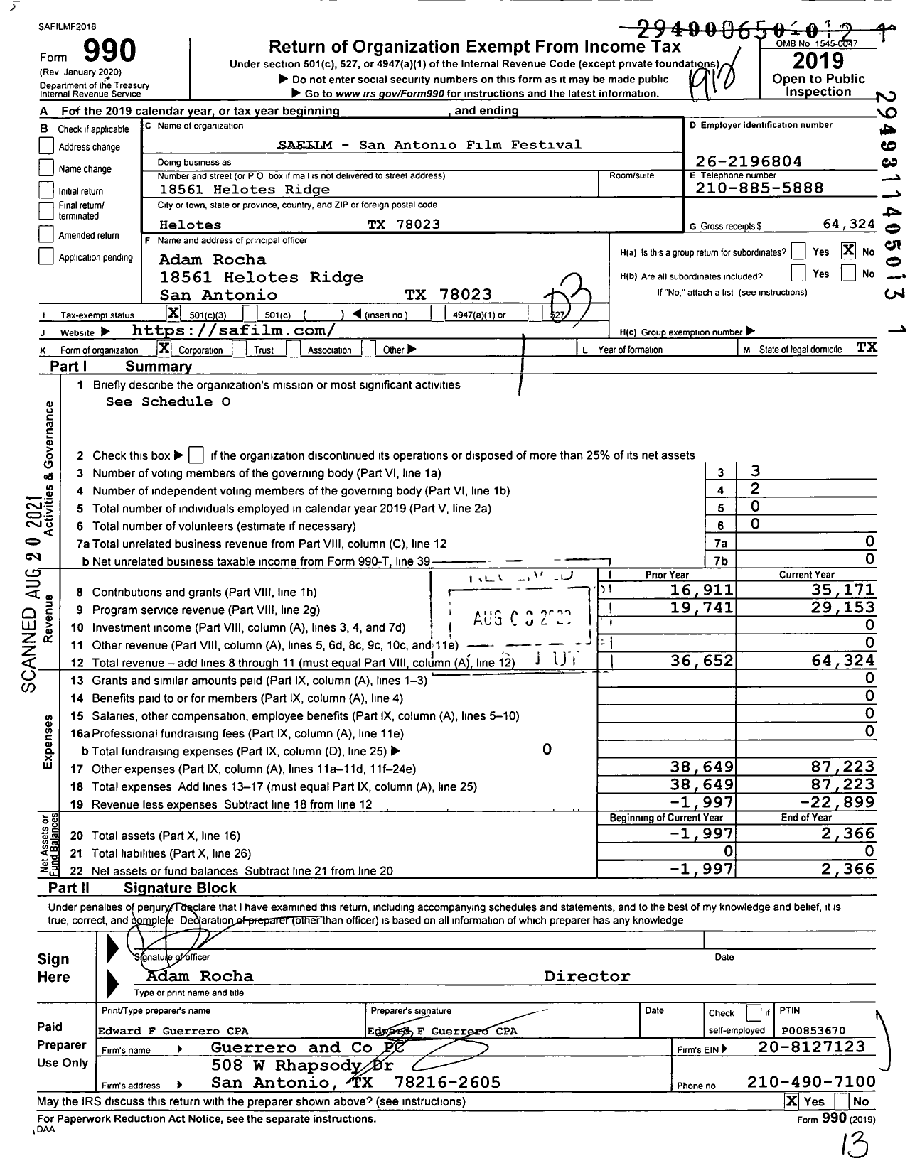 Image of first page of 2019 Form 990 for SAFILM - San Antonio Film Festival