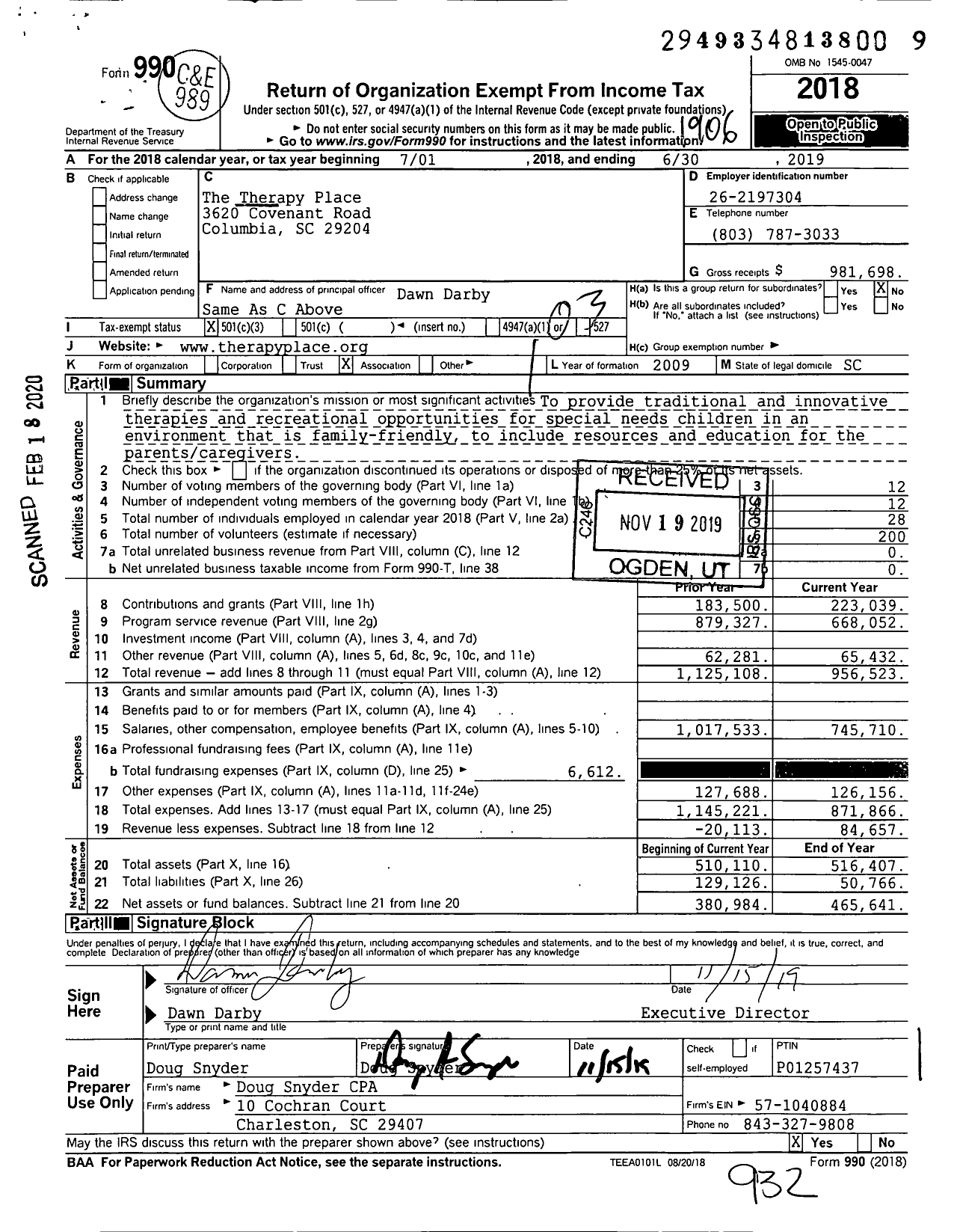 Image of first page of 2018 Form 990 for Therapy Therapy Place