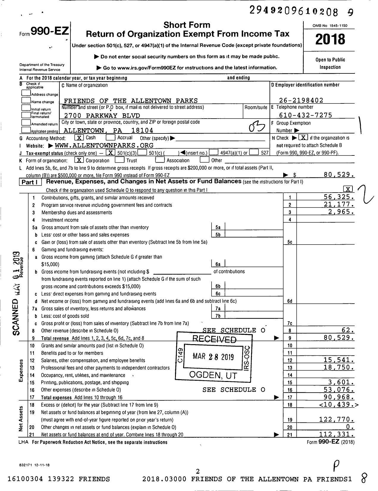 Image of first page of 2018 Form 990EZ for Friends of the Allentown Parks