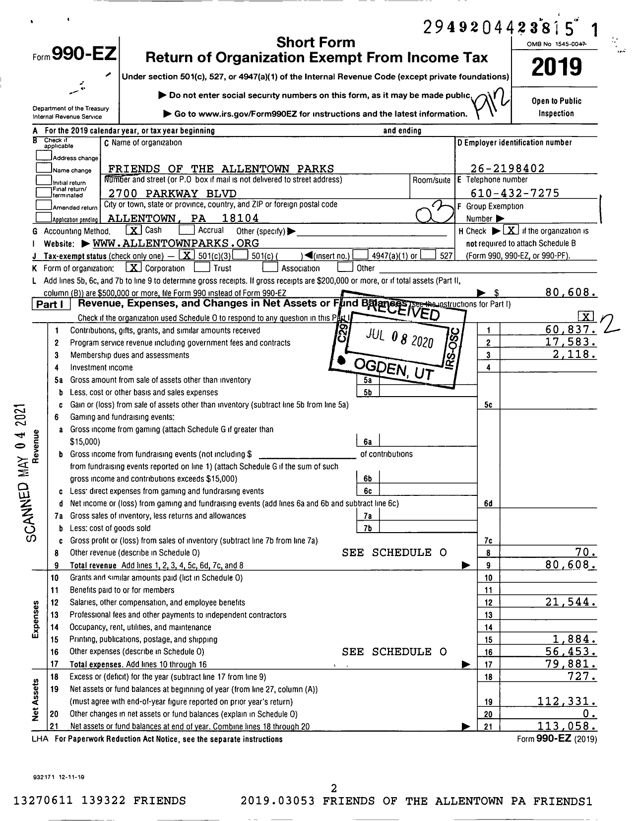 Image of first page of 2019 Form 990EZ for Friends of the Allentown Parks