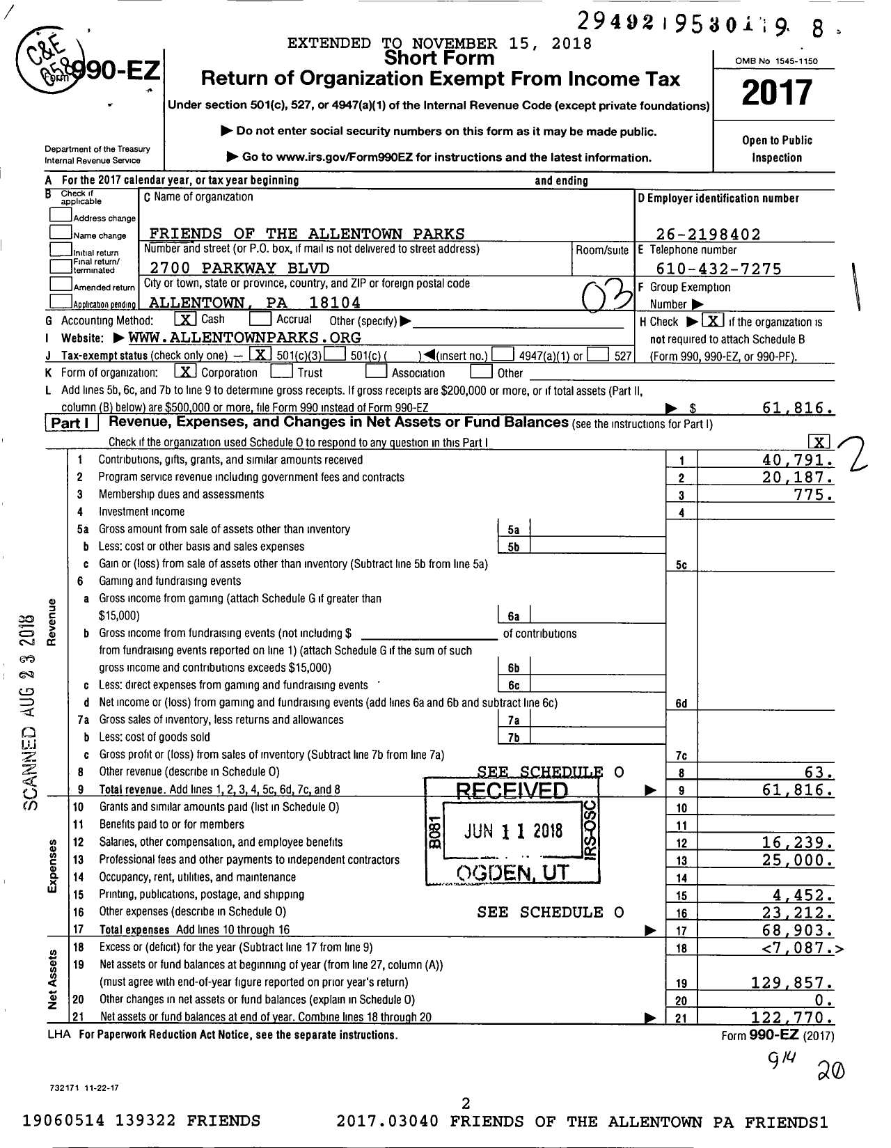 Image of first page of 2017 Form 990EZ for Friends of the Allentown Parks