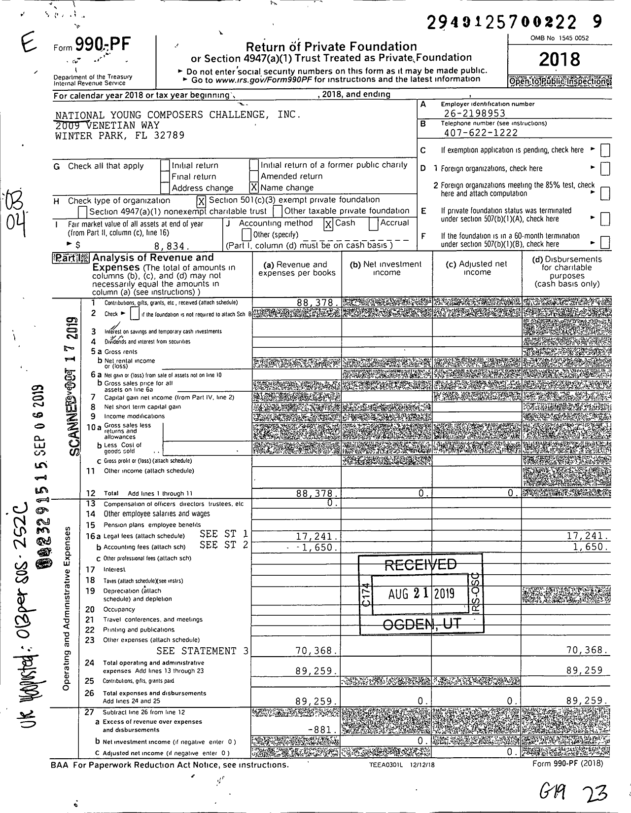 Image of first page of 2018 Form 990PF for National Young Composers Challenge