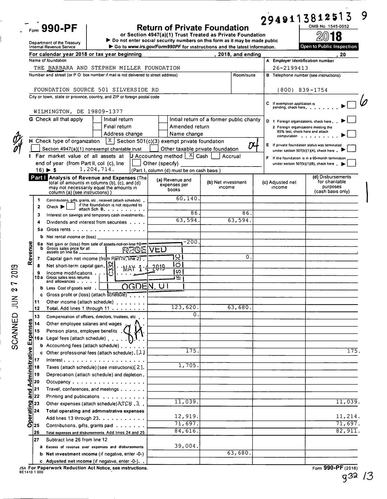 Image of first page of 2018 Form 990PF for The Barbara and Stephen Miller Foundation