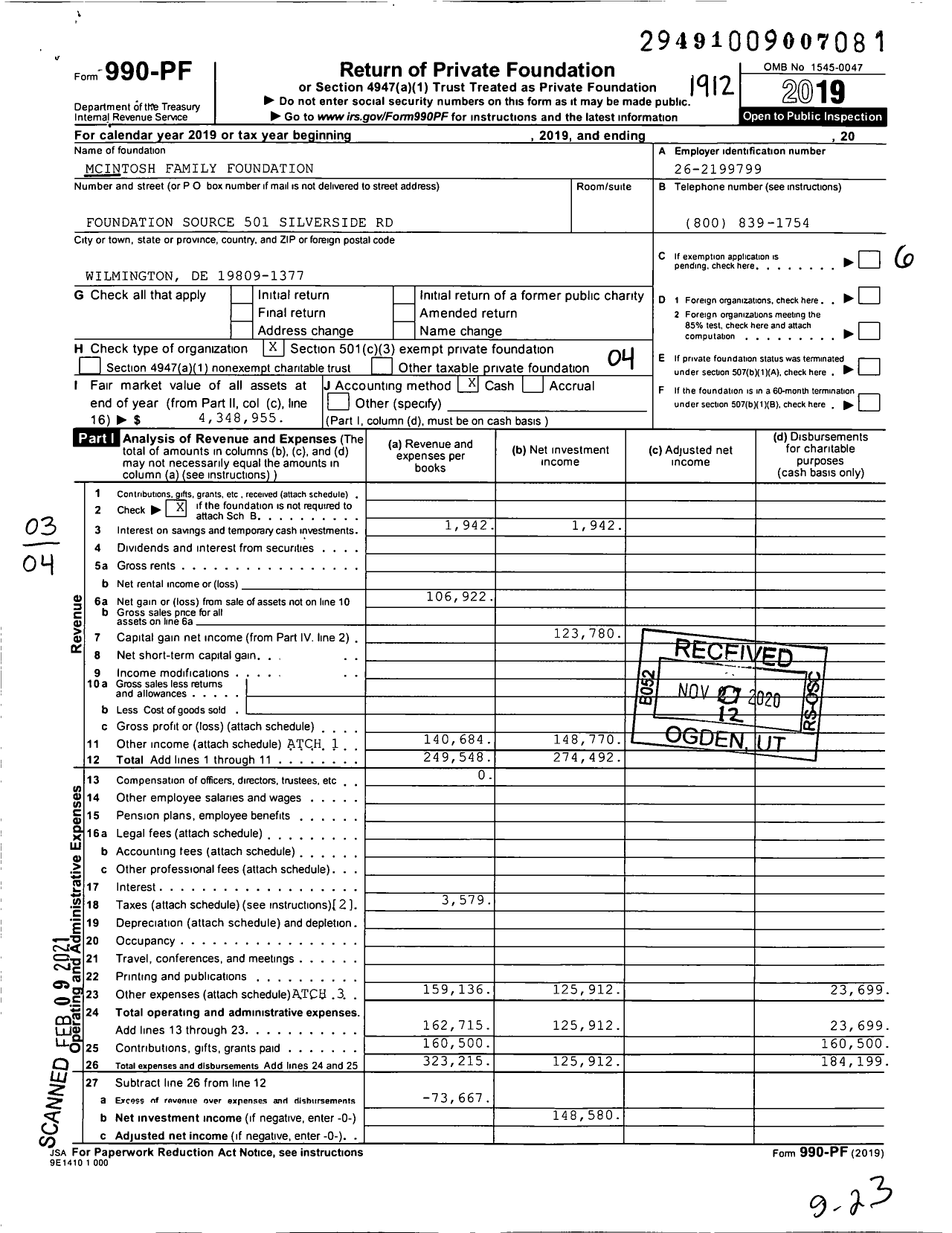 Image of first page of 2019 Form 990PF for McIntosh Family Foundation