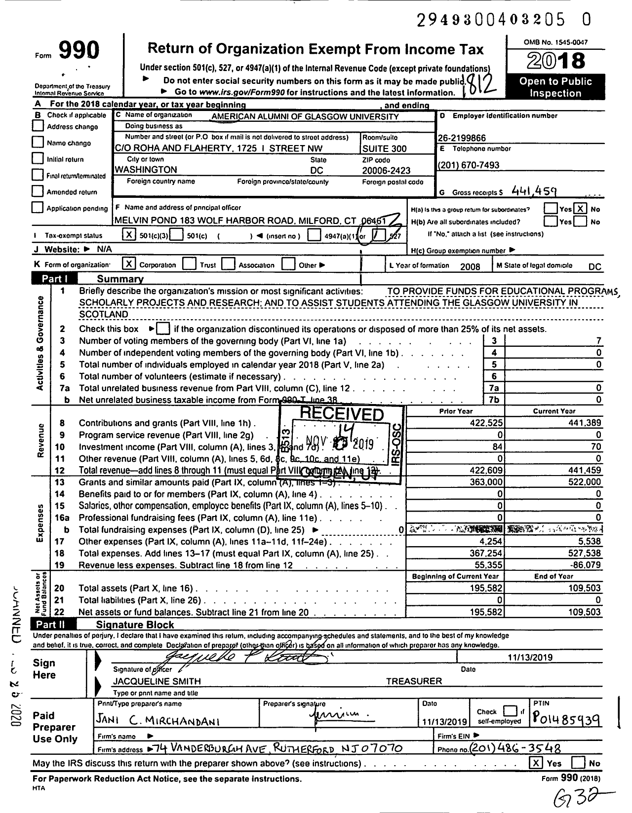 Image of first page of 2018 Form 990 for American Alumni of Glasgow University