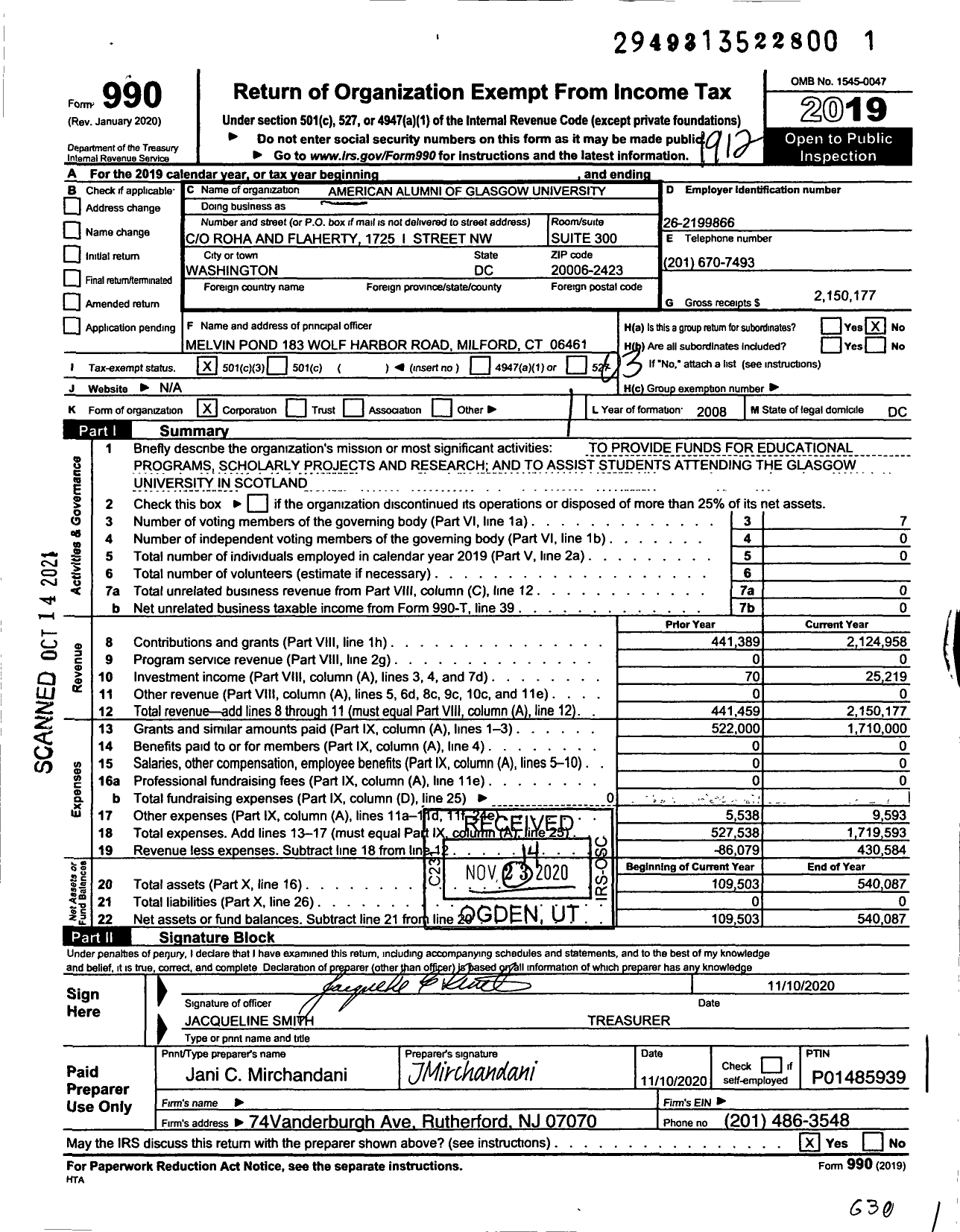 Image of first page of 2019 Form 990 for American Alumni of Glasgow University