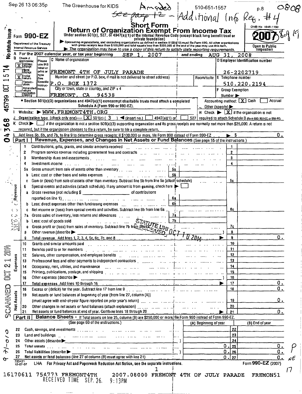 Image of first page of 2007 Form 990EZ for Fremont 4th Of July Parade