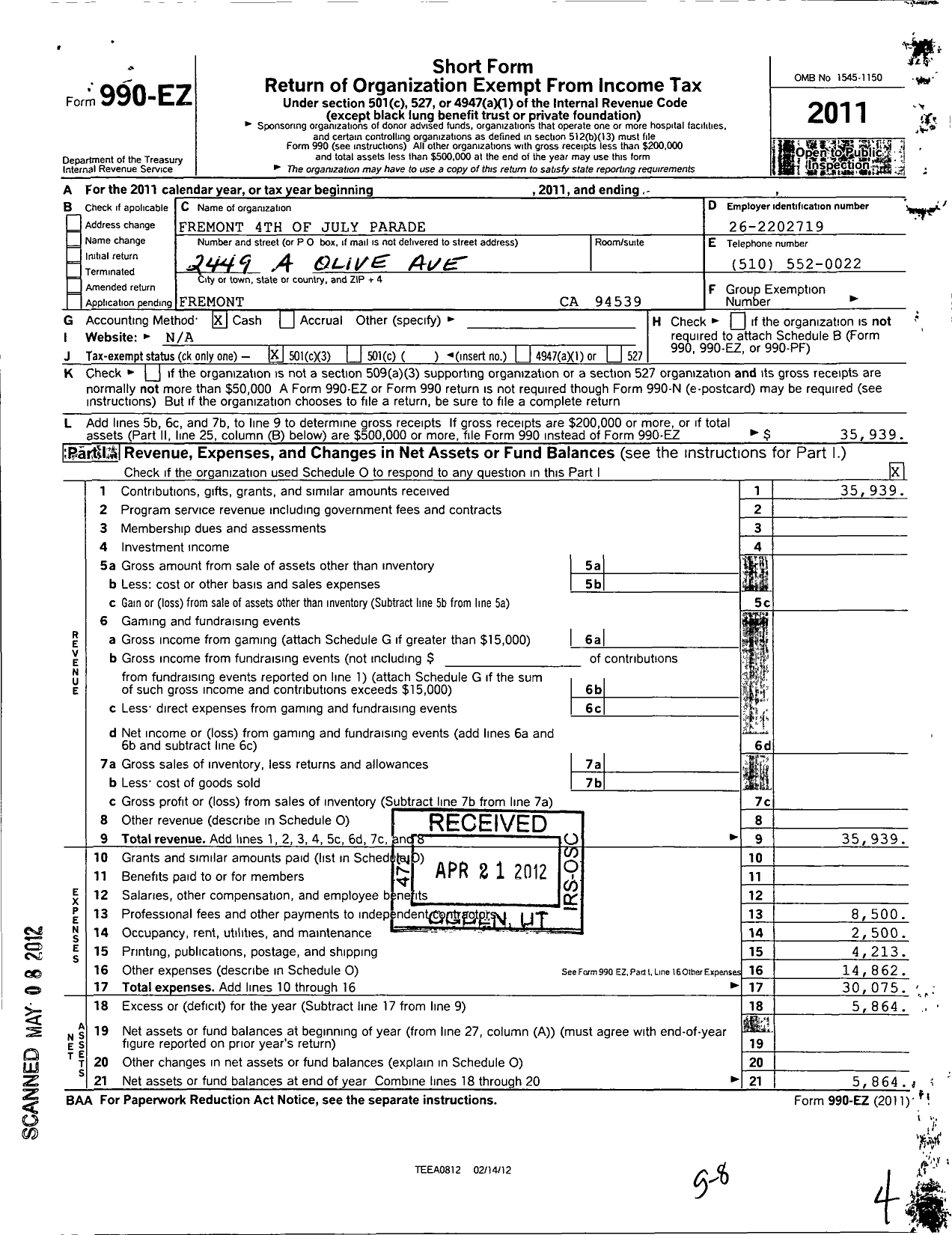 Image of first page of 2011 Form 990EZ for Fremont 4th Of July Parade