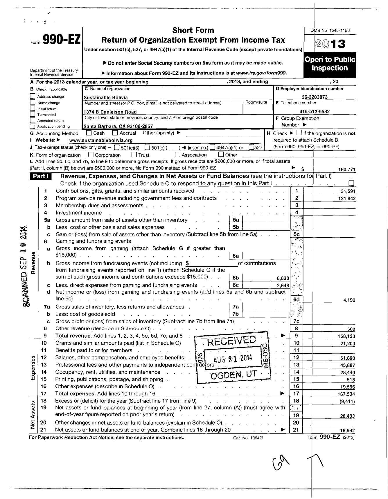 Image of first page of 2013 Form 990EO for Sustainable Bolivia