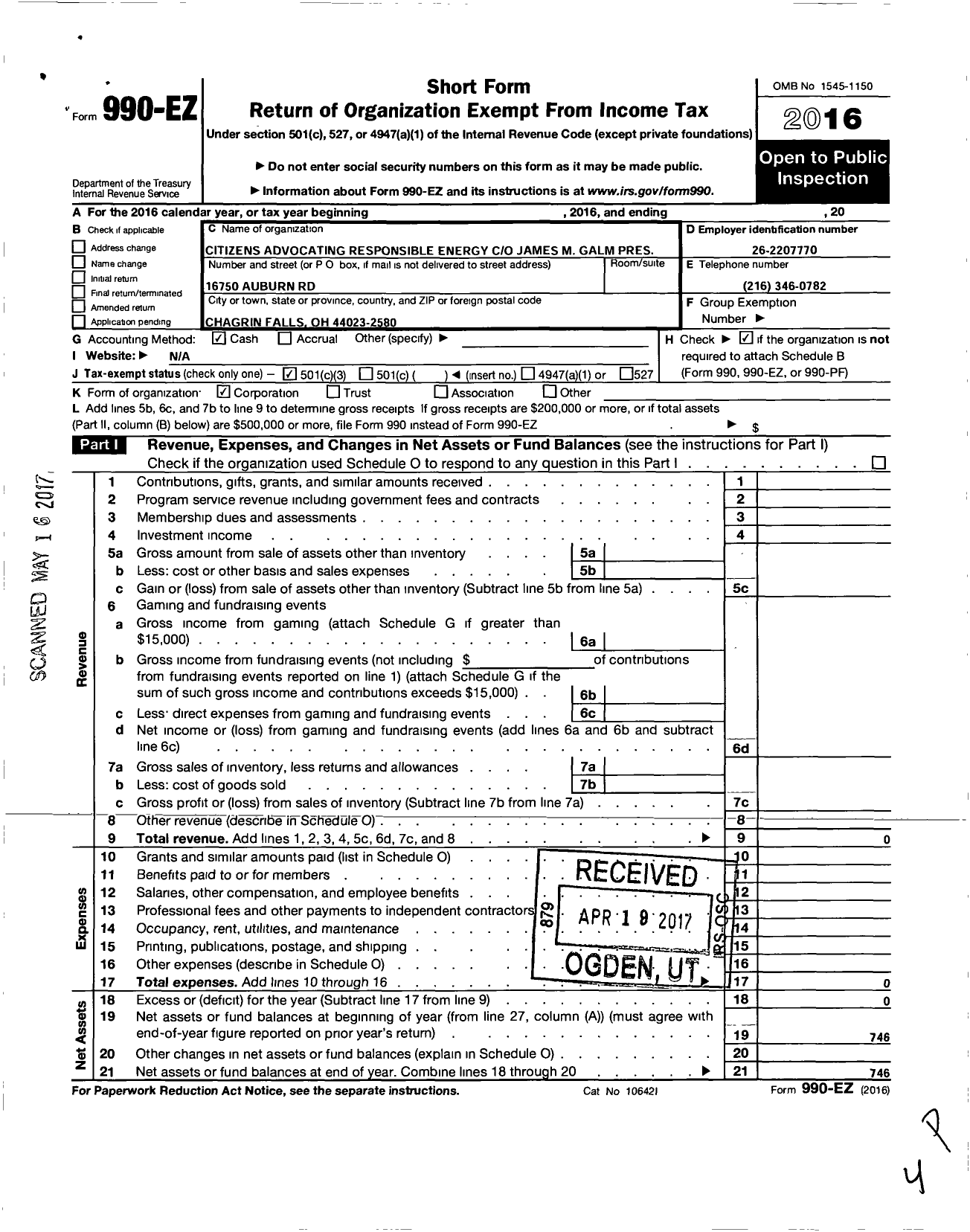 Image of first page of 2016 Form 990EZ for Citizens Advocating Responsible Energy