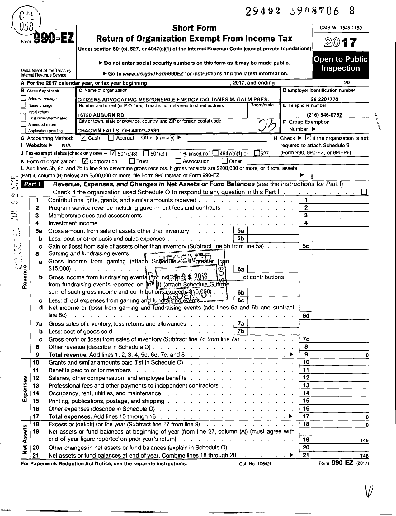 Image of first page of 2017 Form 990EZ for Citizens Advocating Responsible Energy