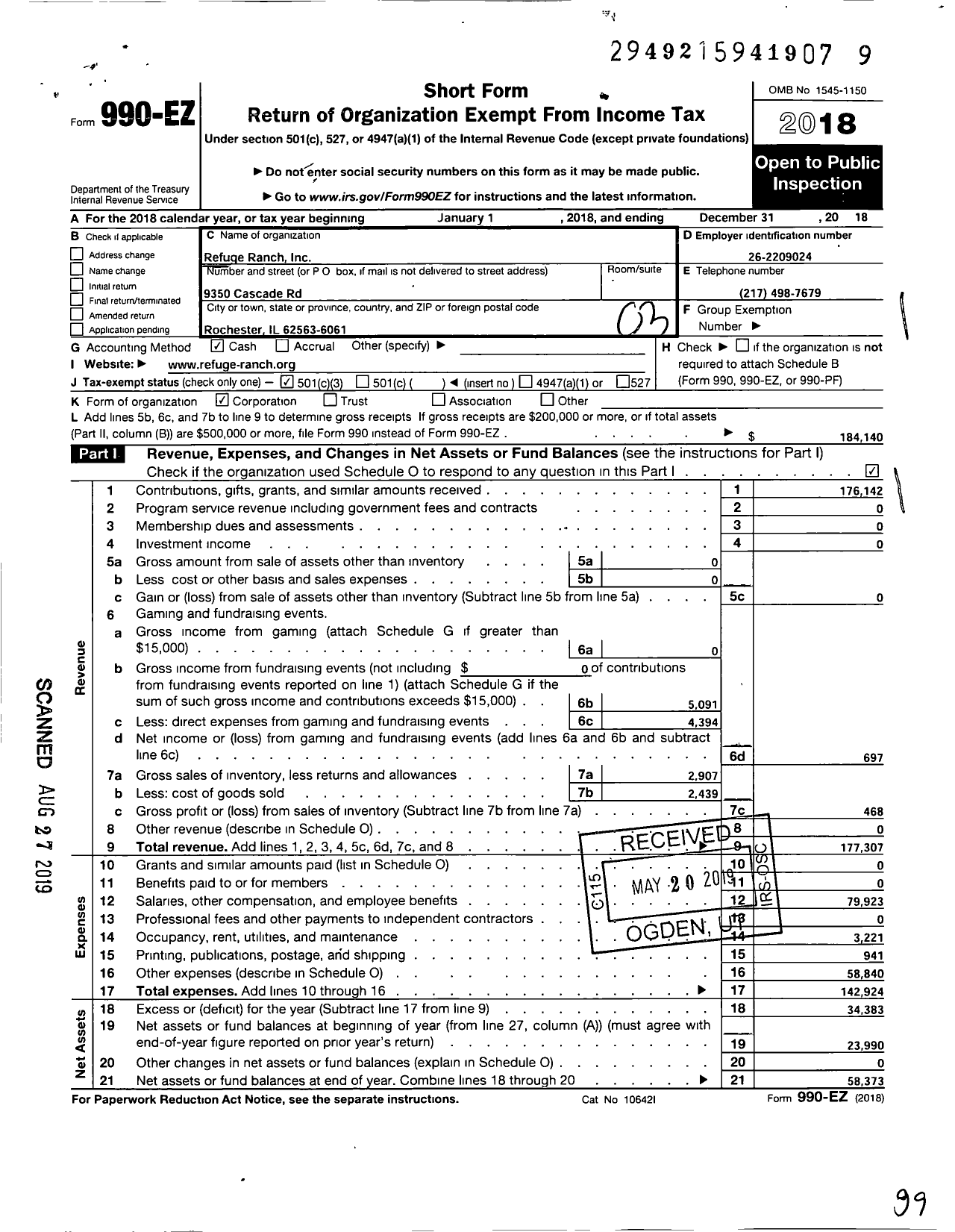 Image of first page of 2018 Form 990EZ for Refuge Ranch