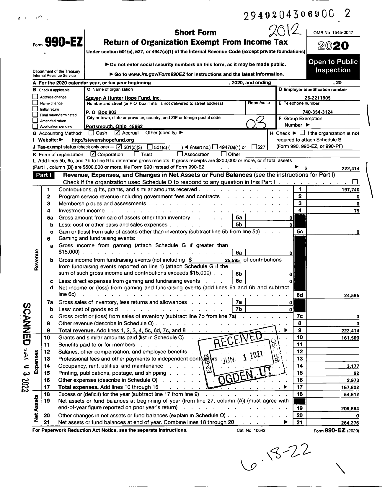 Image of first page of 2020 Form 990EZ for Steven A Hunter Hope Fund