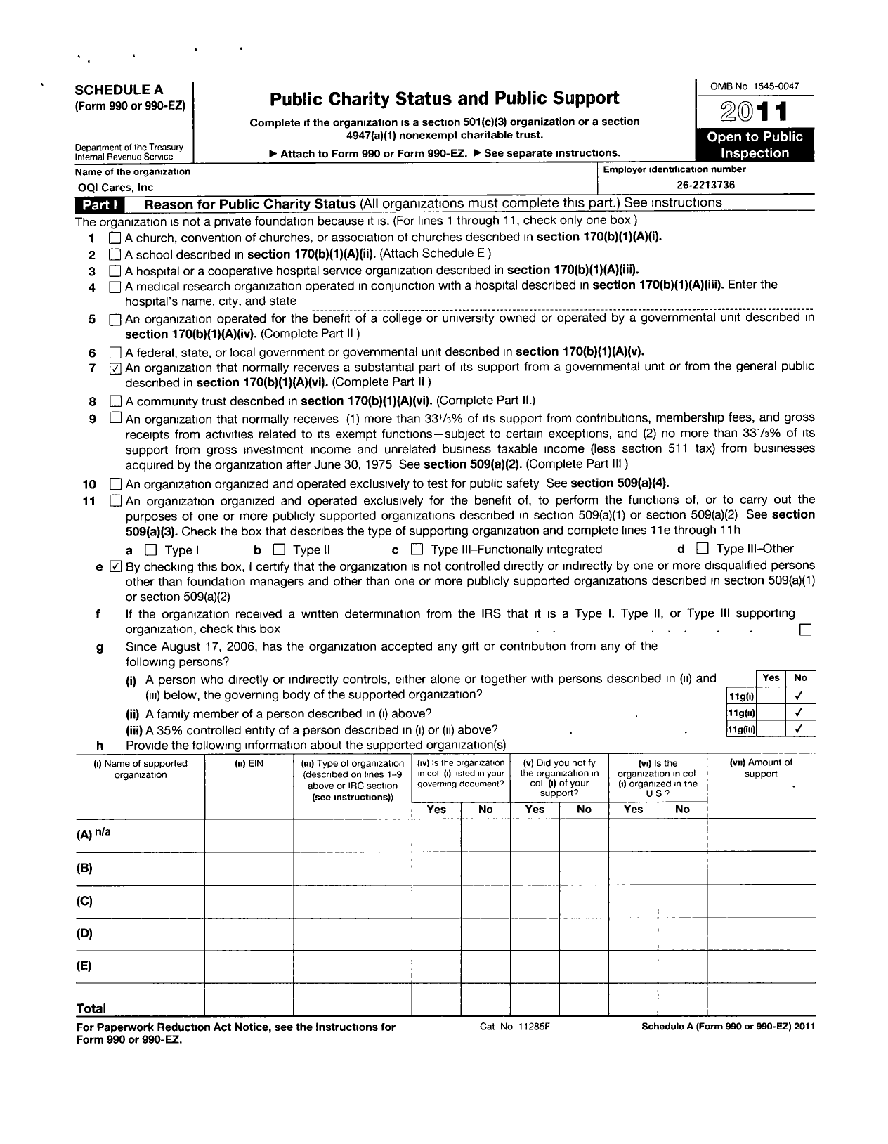 Image of first page of 2011 Form 990ER for OQI Cares