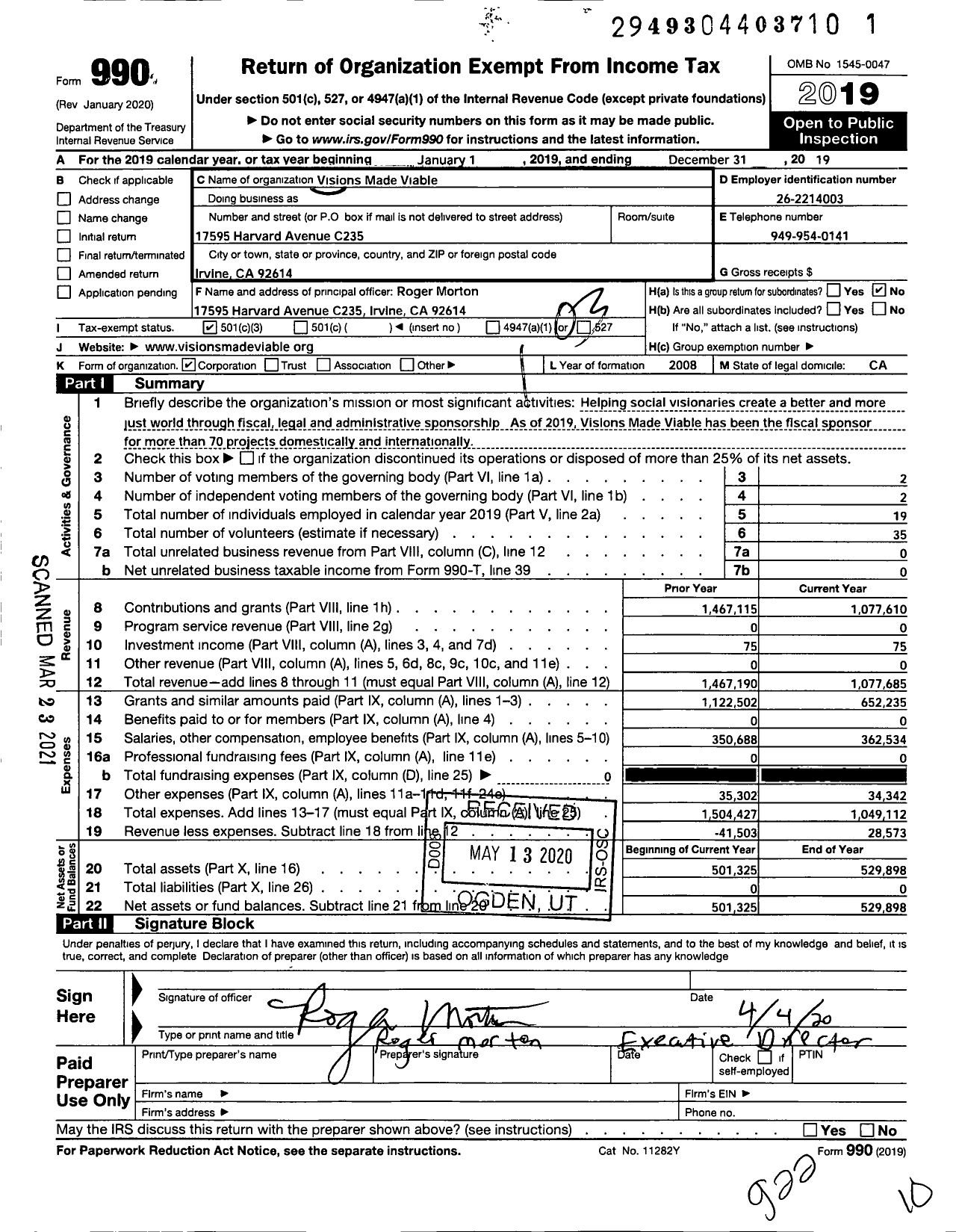 Image of first page of 2019 Form 990 for Visions Made Viable