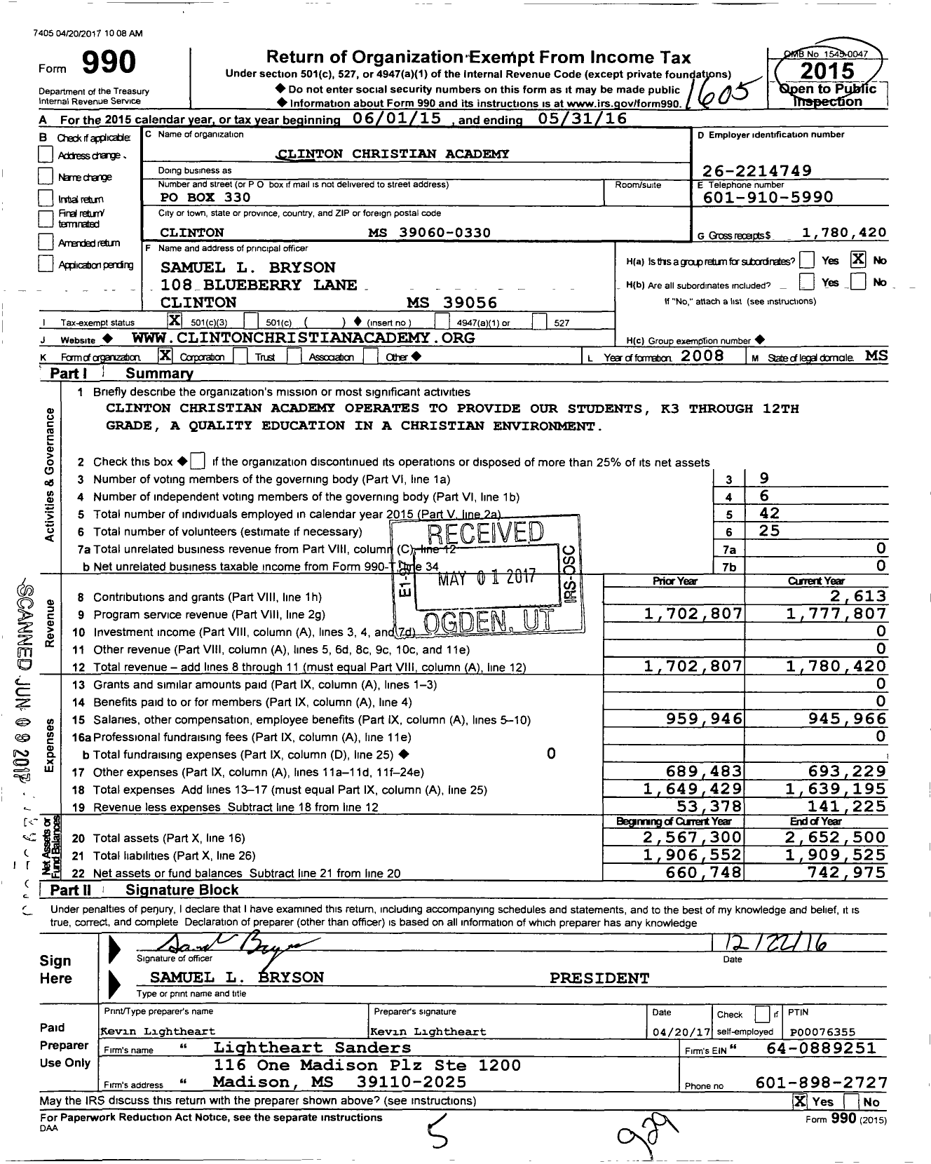 Image of first page of 2015 Form 990 for Clinton Christian Academy