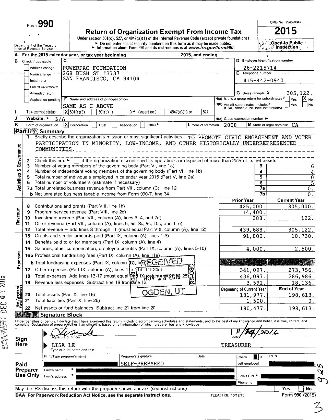 Image of first page of 2015 Form 990 for Powerpac Foundation