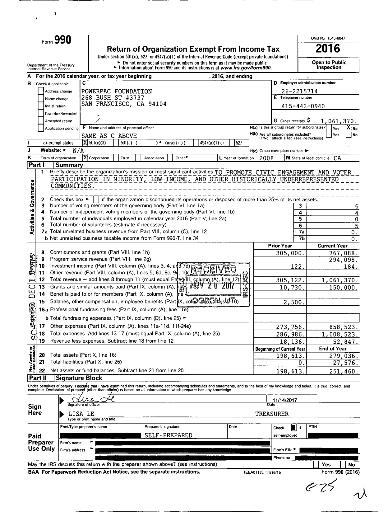 Image of first page of 2016 Form 990 for Powerpac Foundation