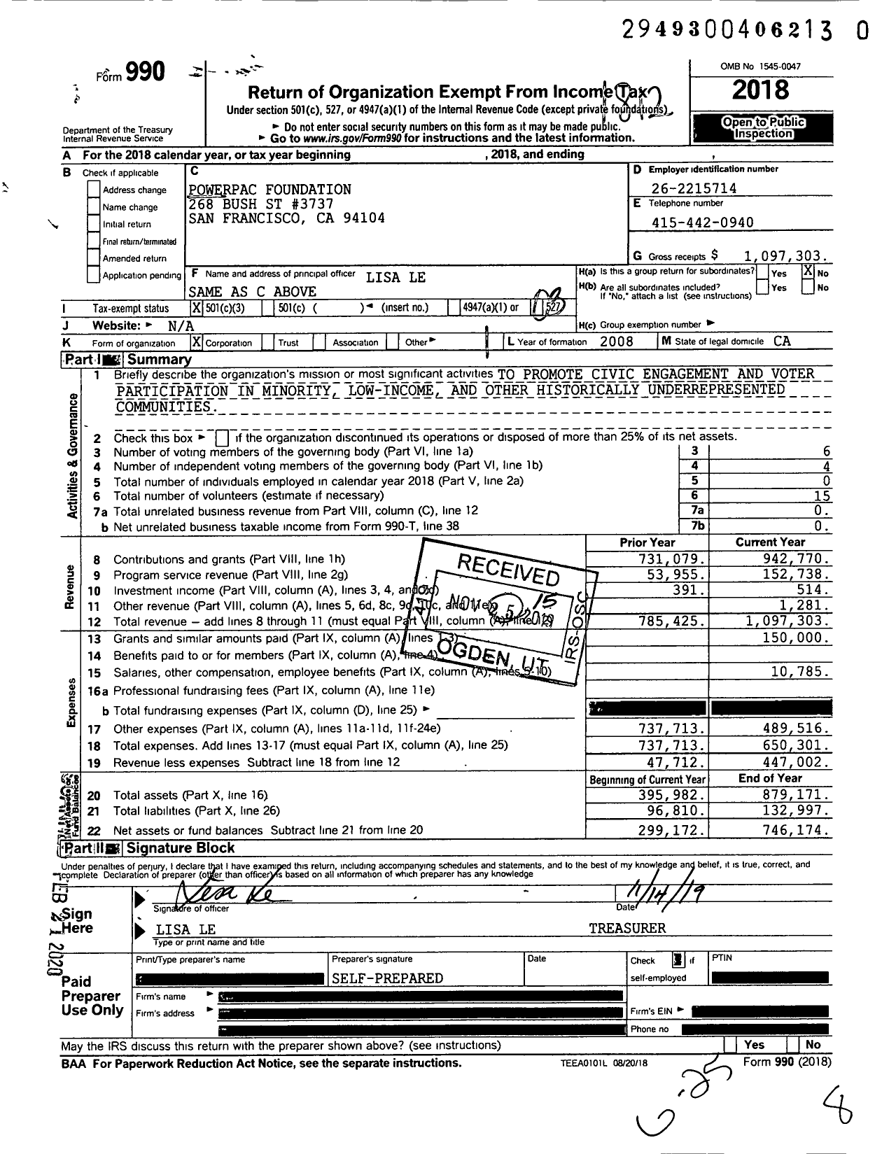 Image of first page of 2018 Form 990 for Powerpac Foundation