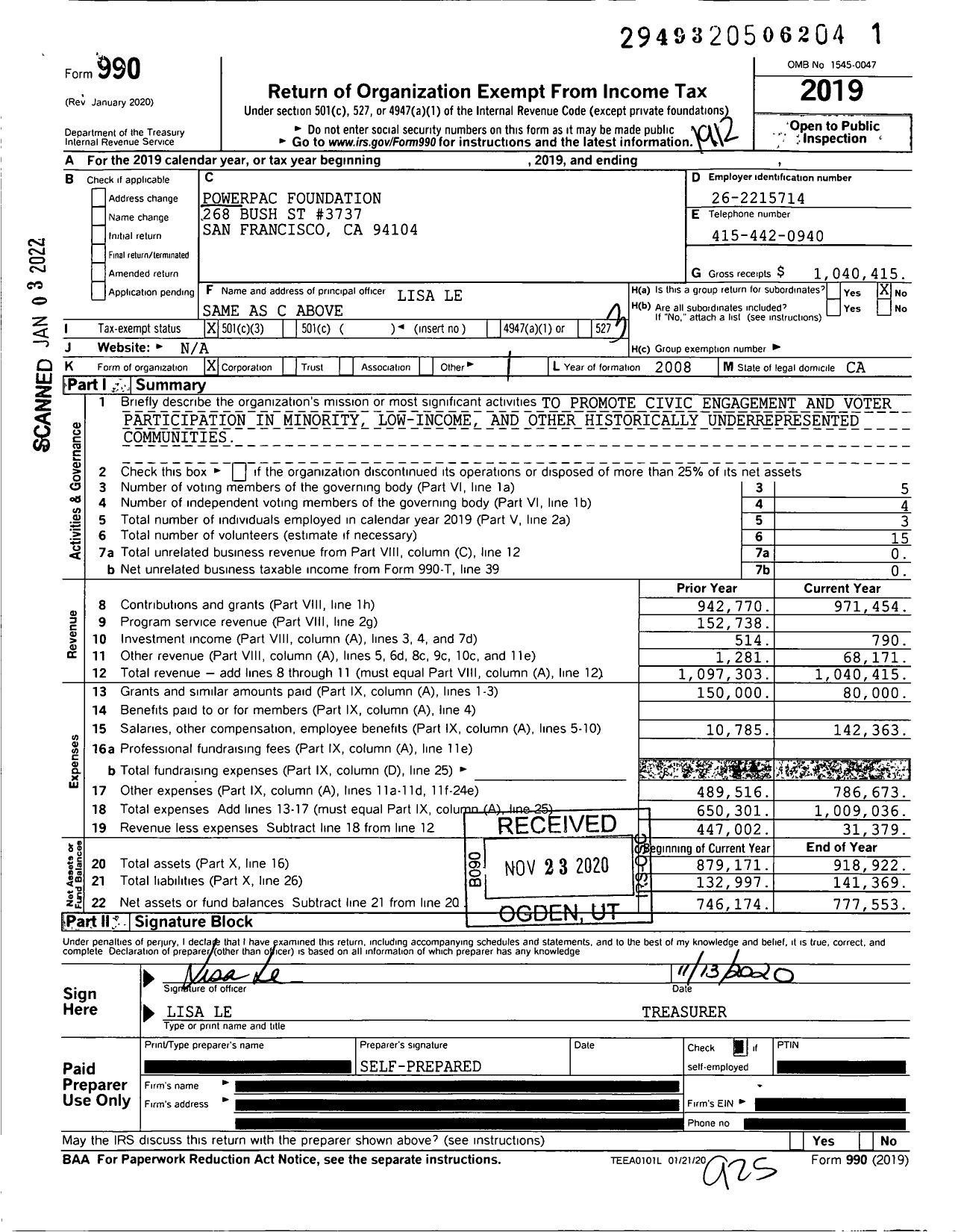 Image of first page of 2019 Form 990 for Powerpac Foundation