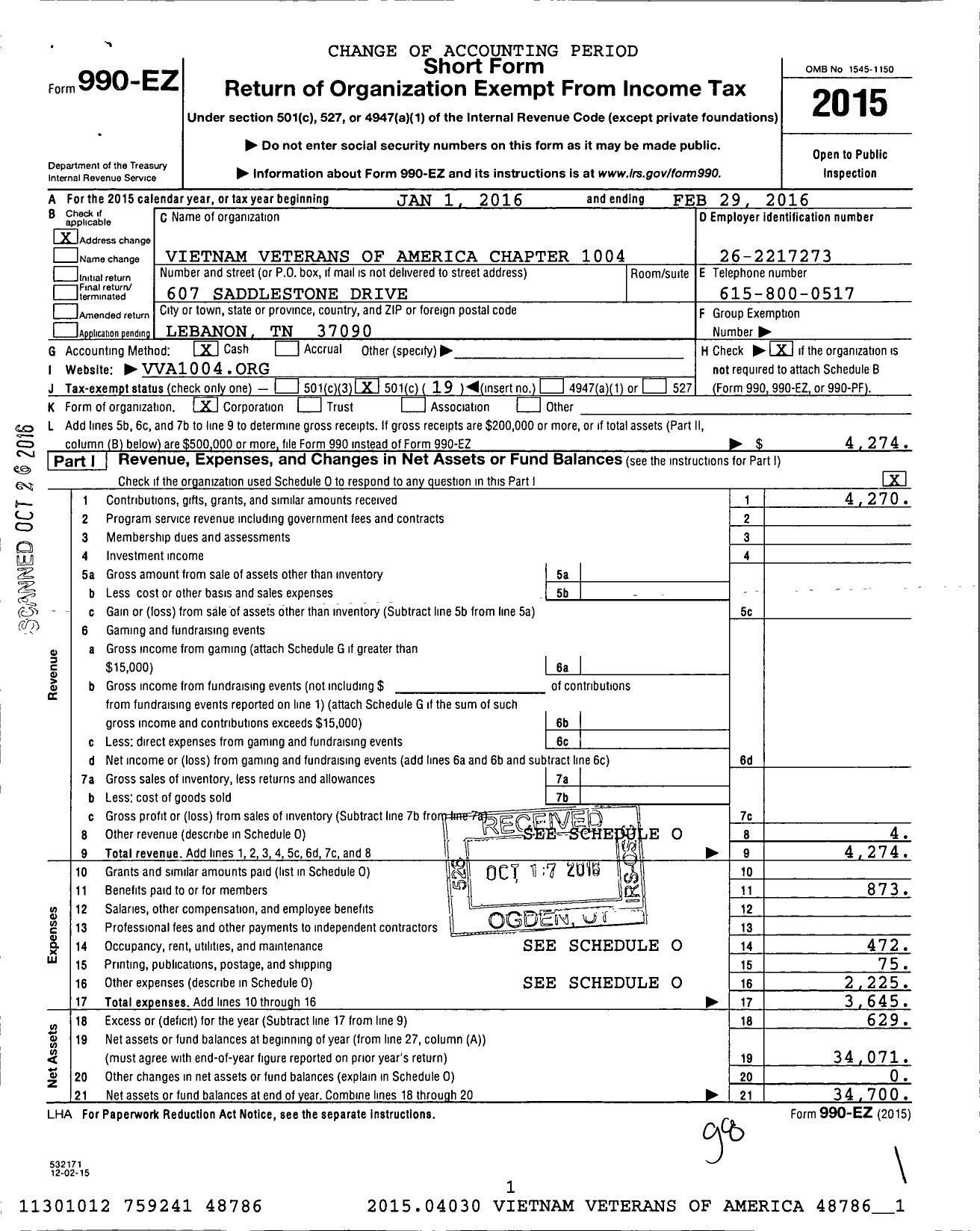 Image of first page of 2015 Form 990EO for Vietnam Veterans of America - 1004 Chapter