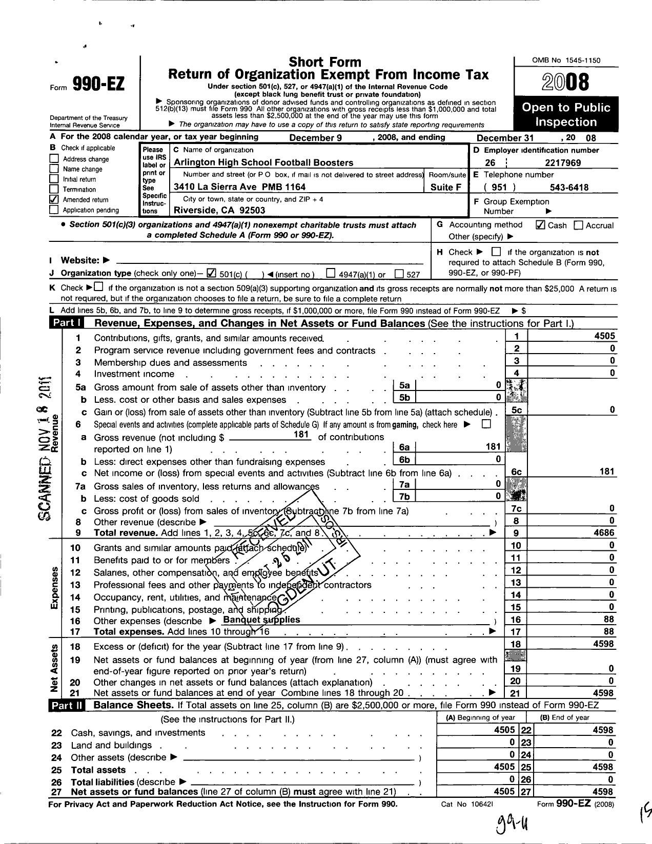 Image of first page of 2008 Form 990EO for Arlington High Football Boosters