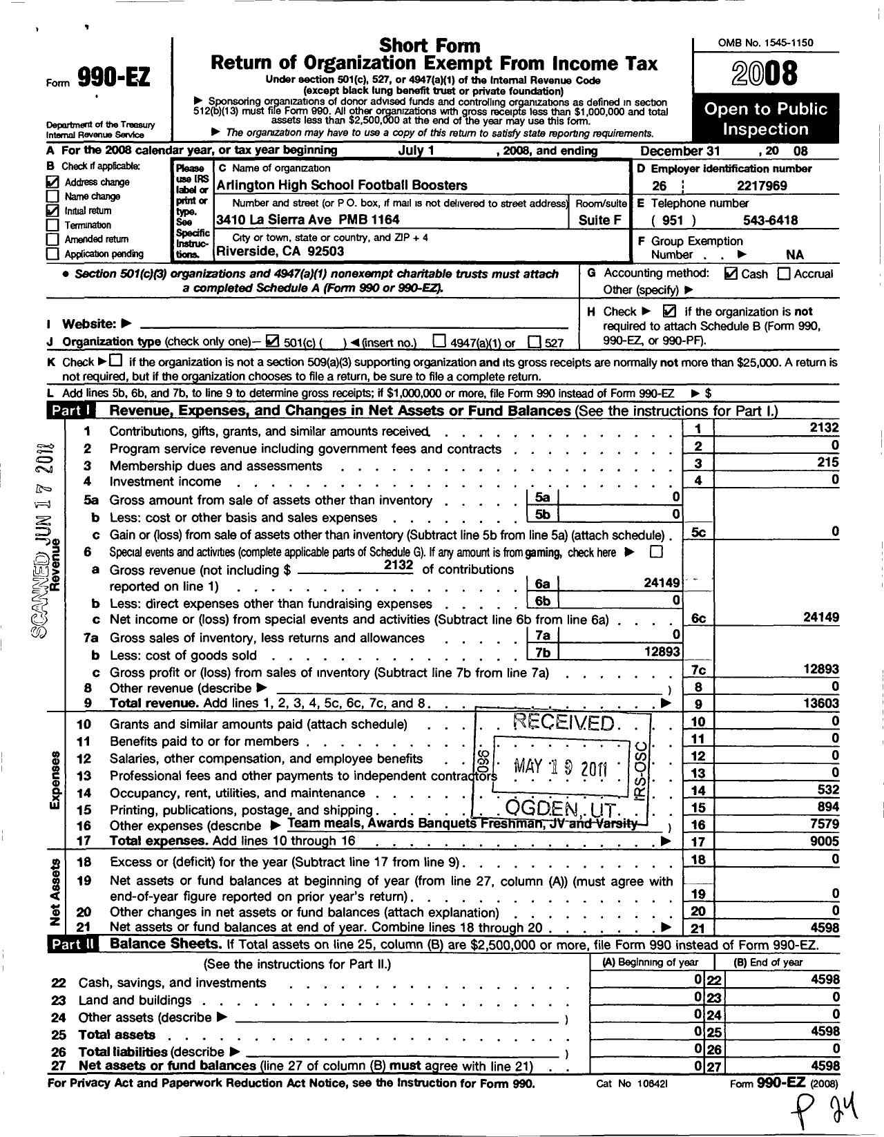 Image of first page of 2008 Form 990EO for Arlington High Football Boosters