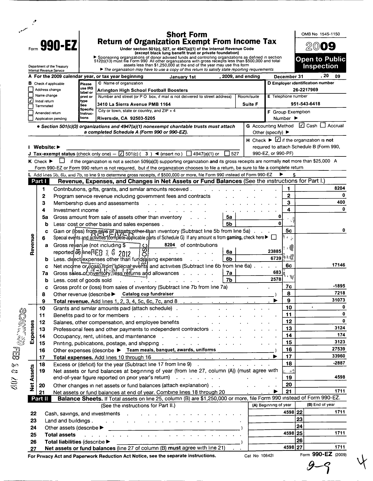 Image of first page of 2009 Form 990EZ for Arlington High Football Boosters