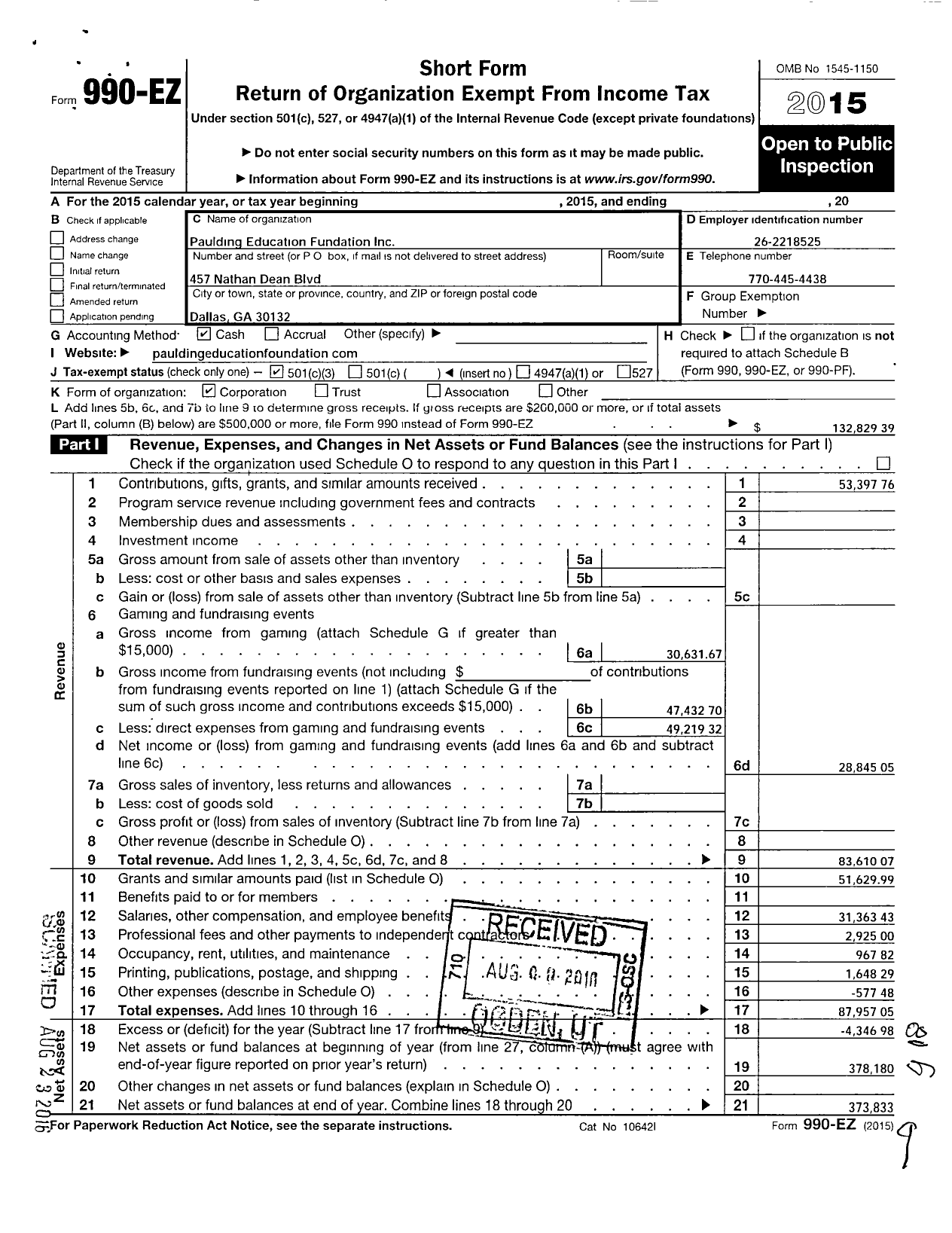 Image of first page of 2015 Form 990EZ for Paulding Education Foundation