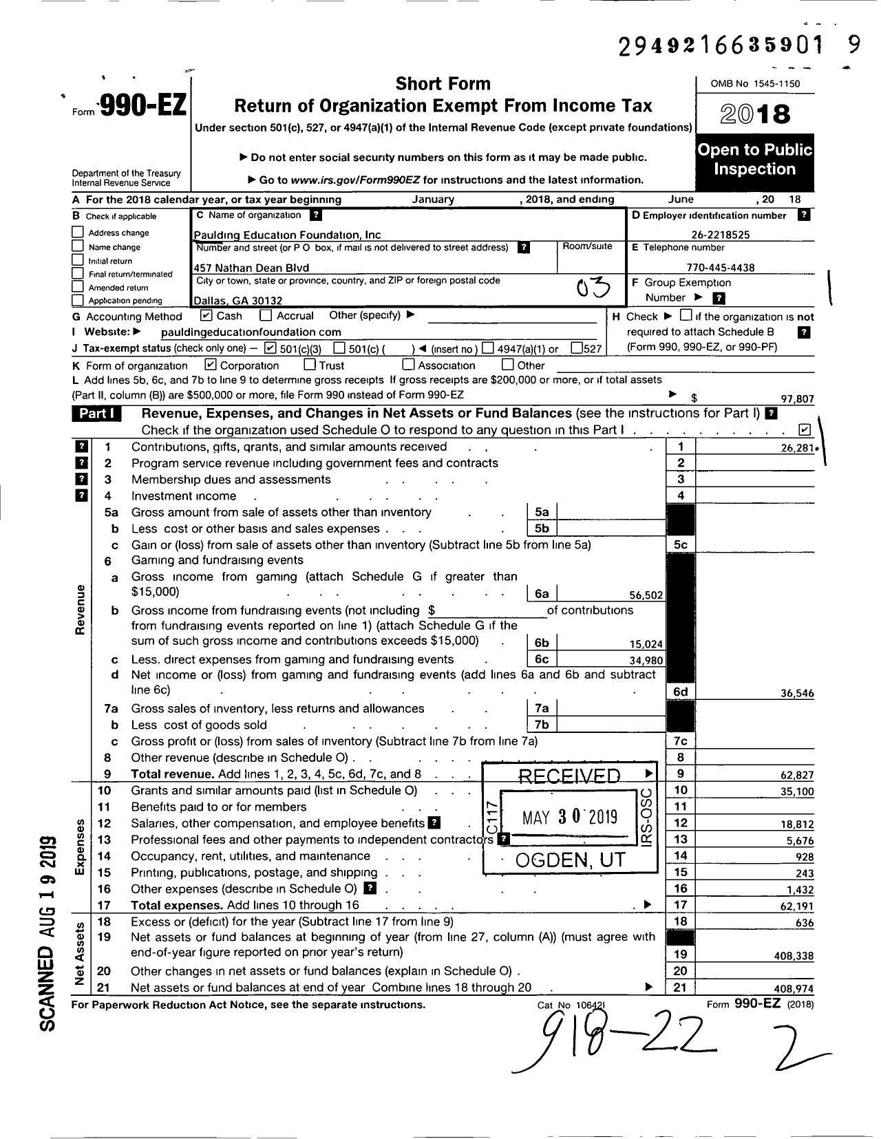 Image of first page of 2017 Form 990EZ for Paulding Education Foundation