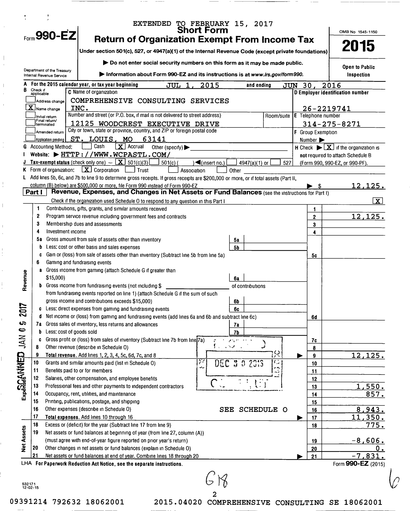 Image of first page of 2015 Form 990EZ for Comprehensive Consulting Services