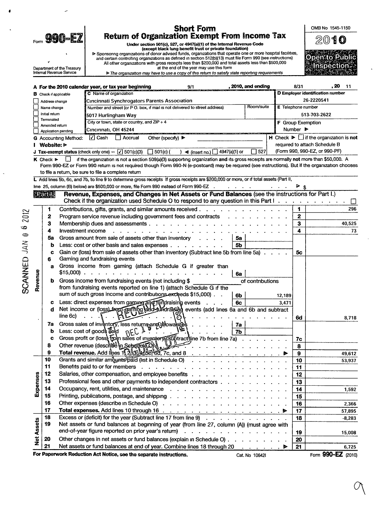 Image of first page of 2010 Form 990EZ for Cincinnati Synchrogators Parent Association