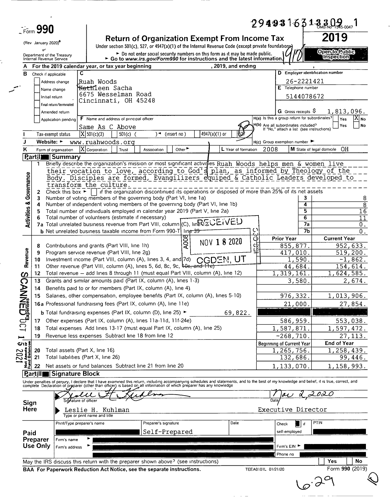 Image of first page of 2019 Form 990 for Ruah Woods