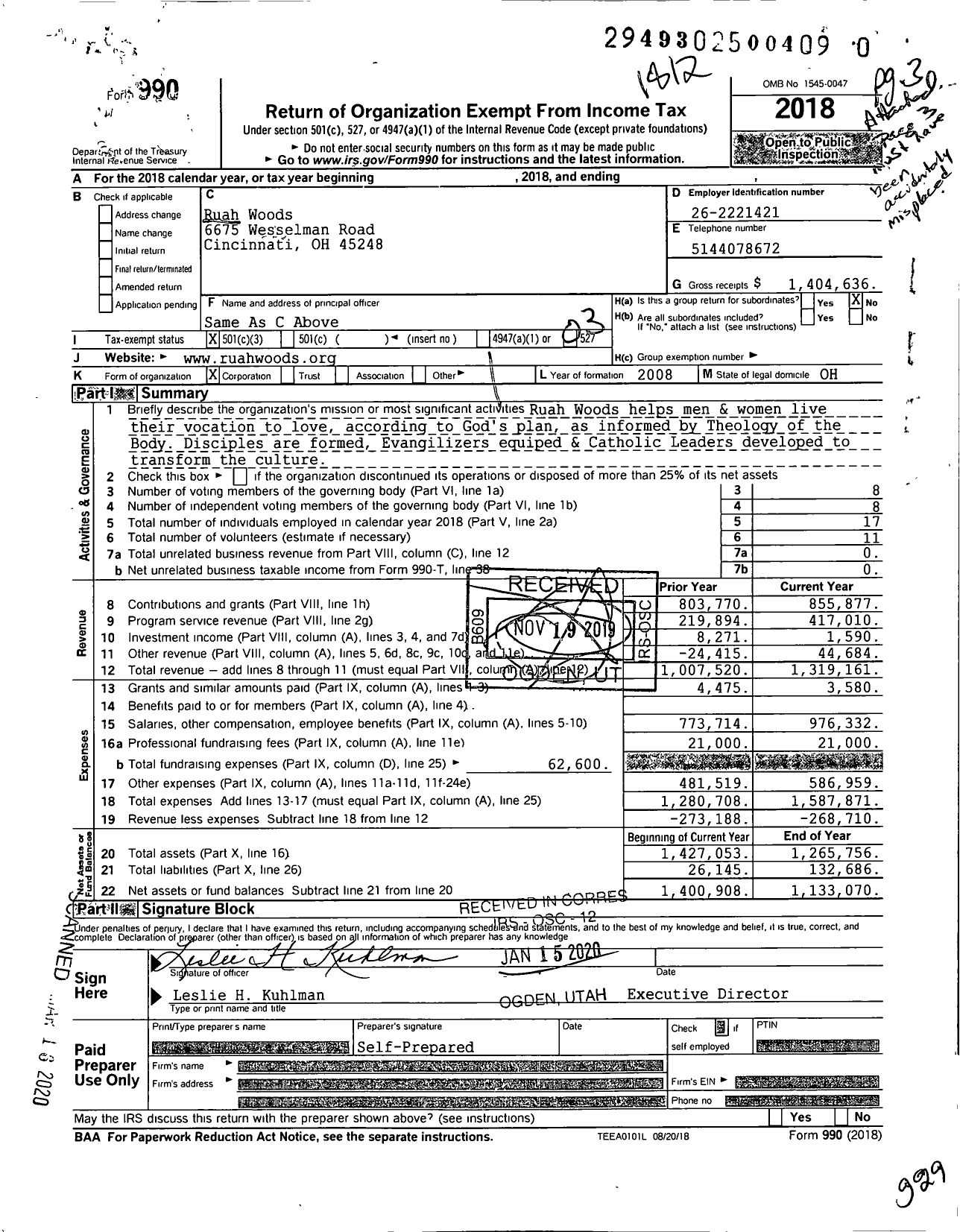 Image of first page of 2018 Form 990 for Ruah Woods