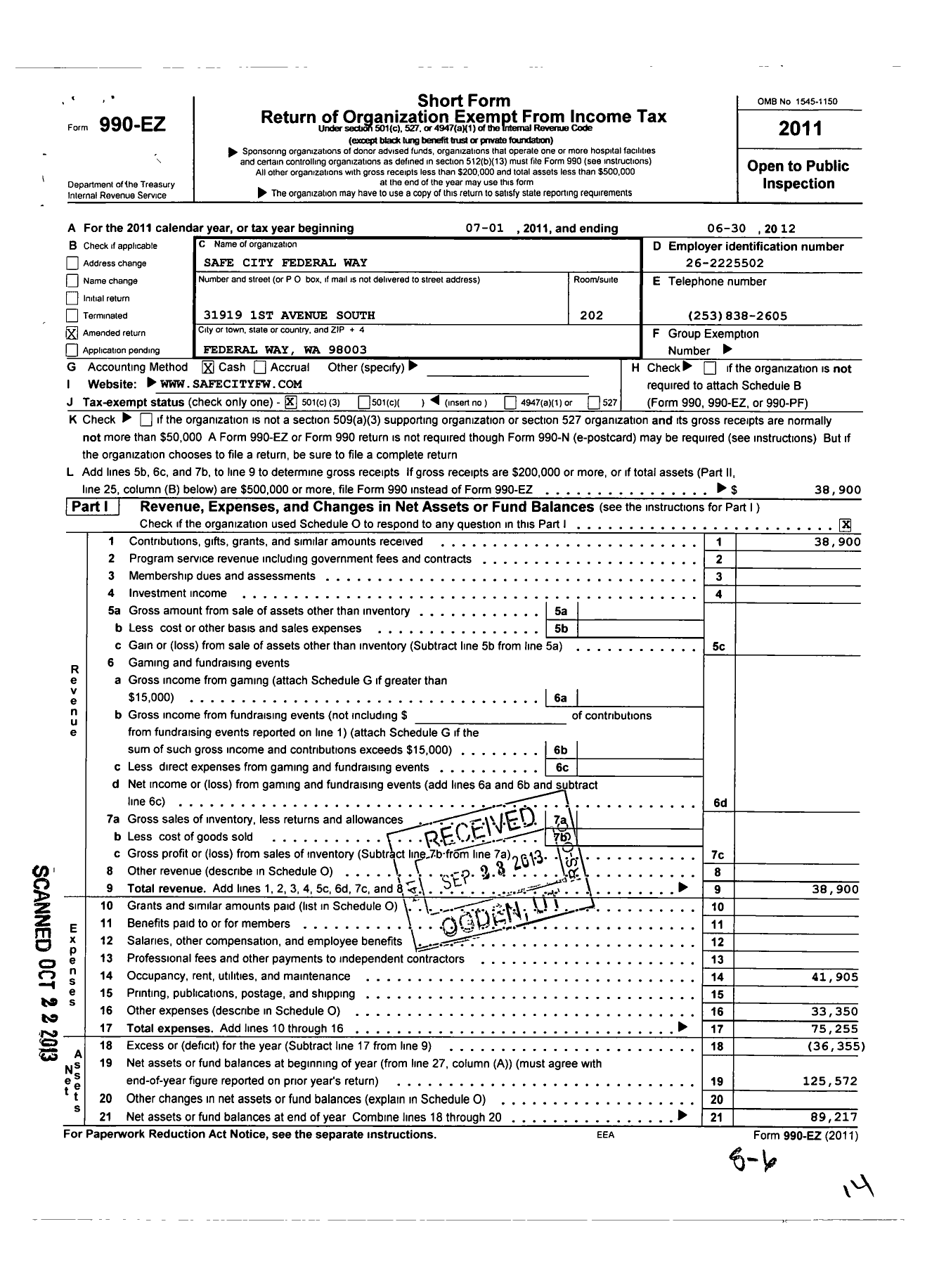 Image of first page of 2011 Form 990EZ for Safe City Federal Way