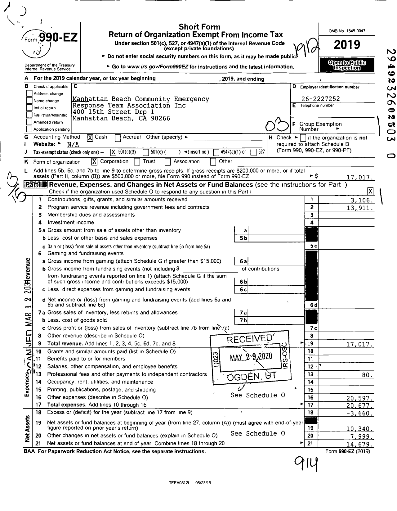 Image of first page of 2019 Form 990EZ for Manhattan Beach Community Emergency Response Team Association